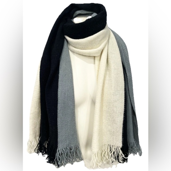 DONNI Tri-Color Fringe Scarf Black Gray Cream Oversized Wrap Shawl Acrylic - Picture 1 of 7